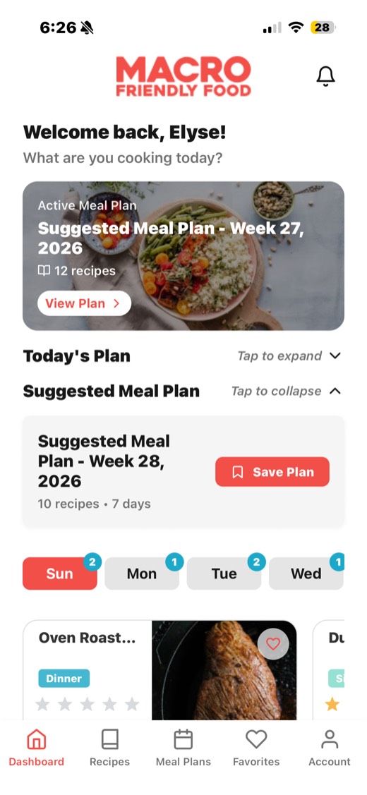 The MFF App dashboard showing this week's suggested meal plan